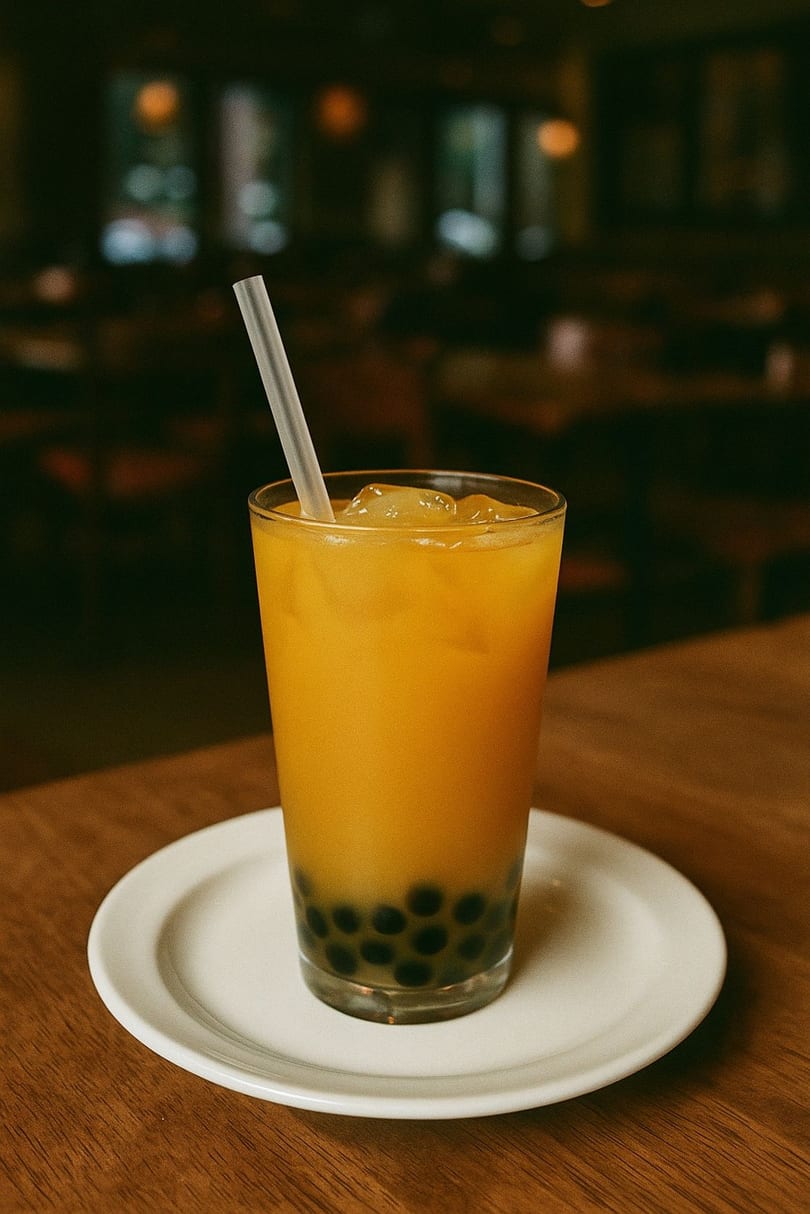 A glass of Boba & Eats' mango boba tea with dark pearls and a straw on a wooden table.