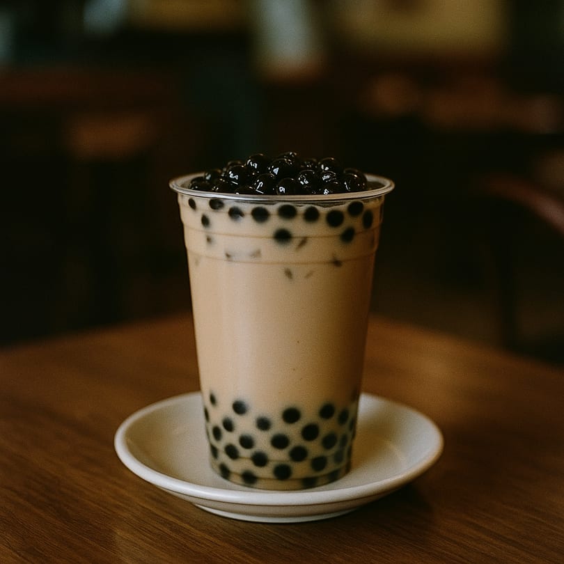A plastic cup of Boba & Eats milk tea with tapioca pearls on a white saucer.