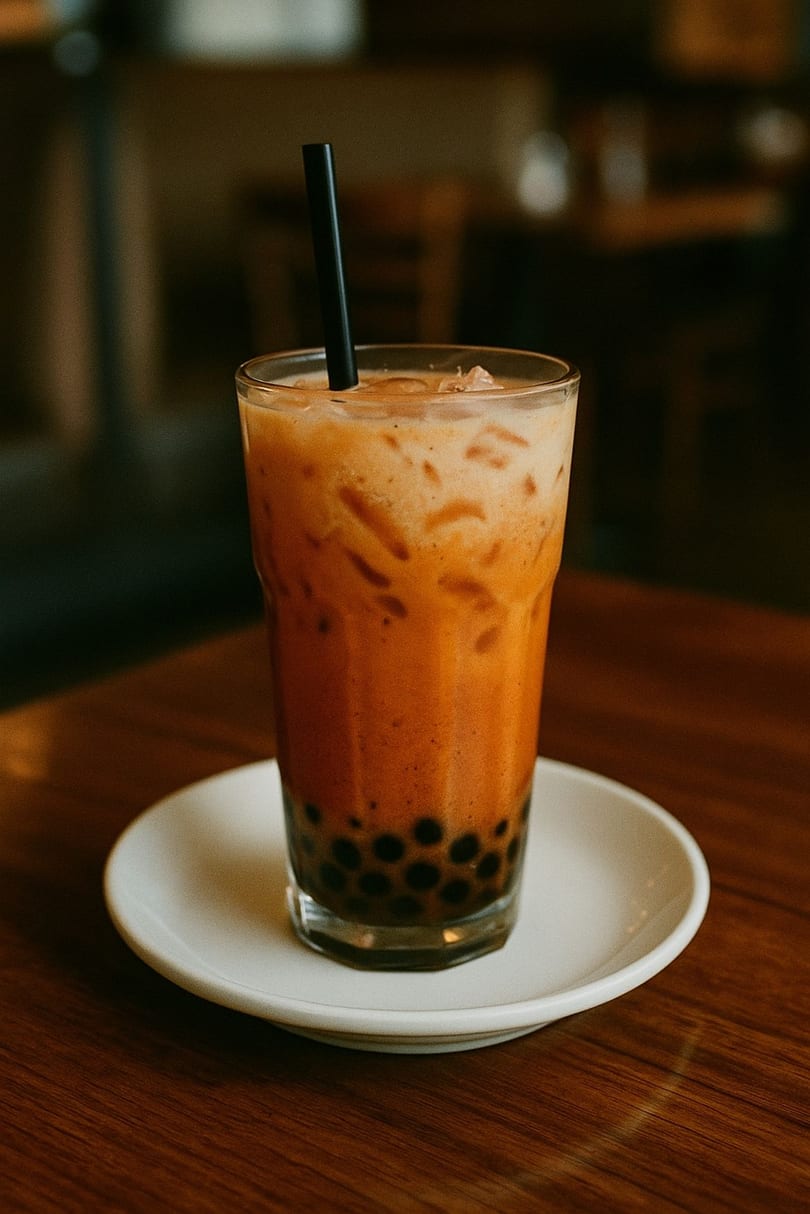 A tall glass of Boba & Eats Thai iced tea with boba pearls and a black straw.